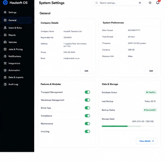 Haulsoft system configuration and onboarding